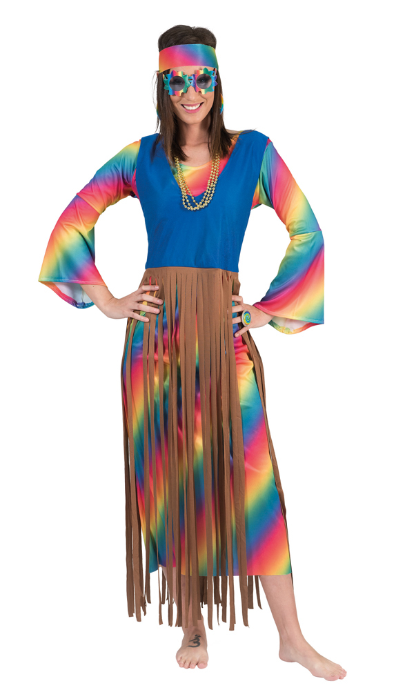 Rainbow Hippie Kostüm Lucy für Damen Langes 70er Jahre Kleid mit Fransen